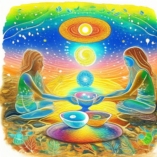 ayahuasca seashore acacia nilotica psychic spirit people drinking from bowls translucent paint splas.png