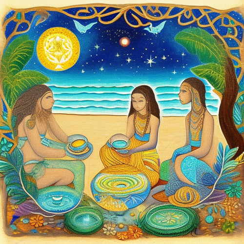 ayahuasca seashore acacia nilotica psychic spirit people drinking from bowls translucent paint splas.png