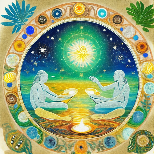 ayahuasca seashore acacia nilotica psychic spirit people drinking from bowls translucent paint splas.png