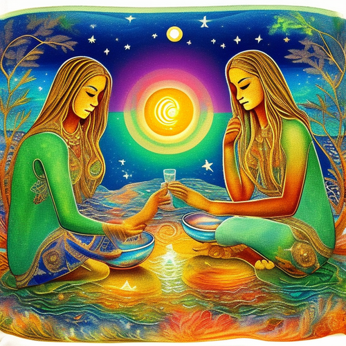 ayahuasca seashore acacia nilotica psychic spirit people drinking from bowls translucent paint splas.png