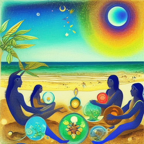 ayahuasca seashore acacia nilotica psychic spirit people drinking from bowls translucent paint splas.png