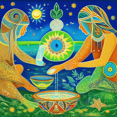 ayahuasca seashore acacia nilotica psychic spirit people drinking from bowls translucent paint splas.png