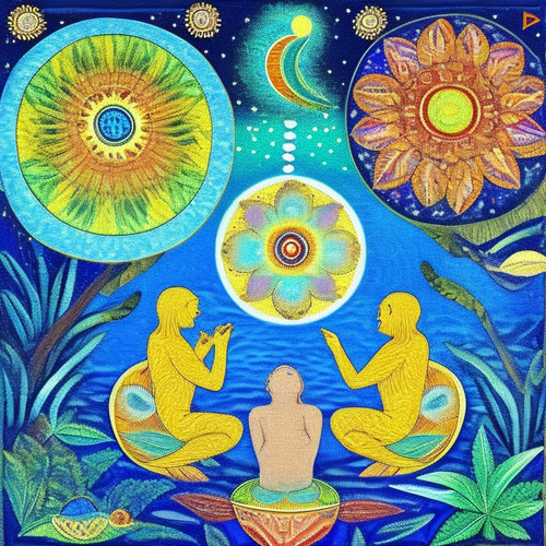 ayahuasca seashore acacia nilotica psychic spirit people drinking from bowls translucent paint splas.png
