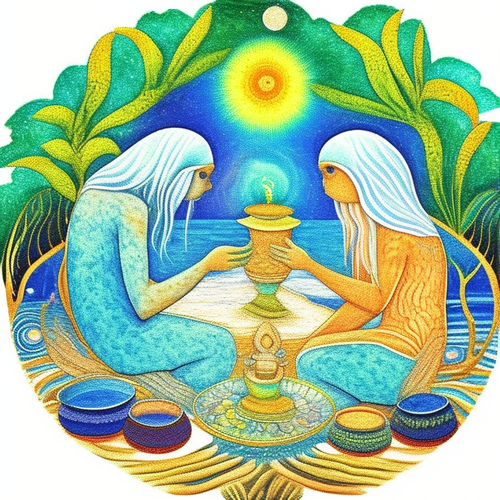 ayahuasca seashore acacia nilotica psychic spirit people drinking from bowls translucent paint splas.png