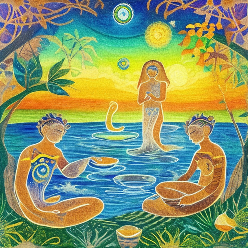 ayahuasca seashore acacia nilotica psychic spirit people drinking from bowls translucent paint splas.png