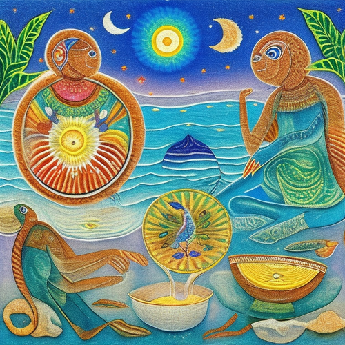 ayahuasca seashore acacia nilotica psychic spirit people drinking from bowls translucent paint splas.png