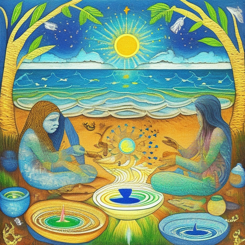 ayahuasca seashore acacia nilotica psychic spirit people drinking from bowls translucent paint splas.png