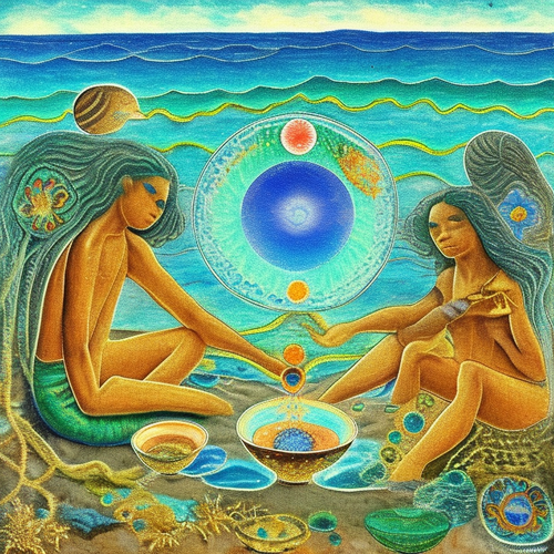 ayahuasca seashore acacia nilotica psychic spirit people drinking from bowls translucent paint splas.png