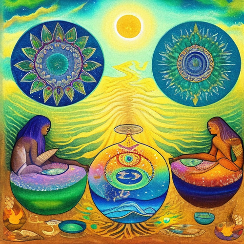 ayahuasca seashore acacia nilotica psychic spirit people drinking from bowls translucent paint splas.png