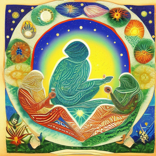 ayahuasca seashore acacia nilotica psychic spirit people drinking from bowls translucent paint splas.png