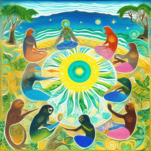 ayahuasca seashore acacia nilotica psychic spirit people drinking from bowls translucent paint splas.png