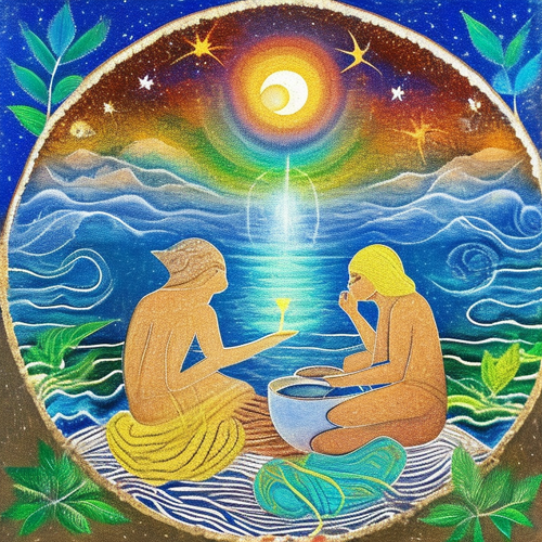 ayahuasca seashore acacia nilotica psychic spirit people drinking from bowls translucent paint splas.png