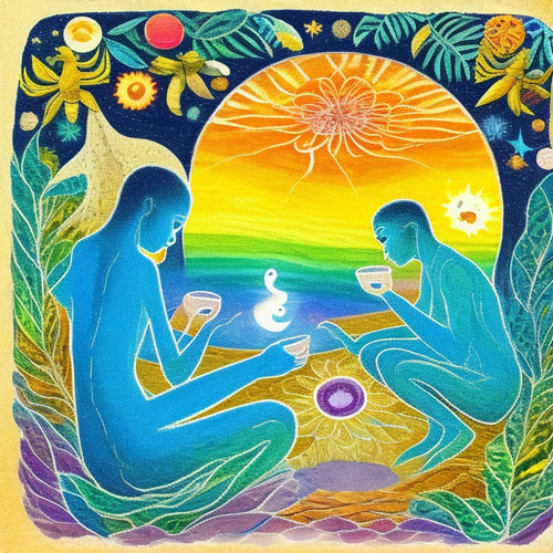 ayahuasca seashore acacia nilotica psychic spirit people drinking from bowls translucent paint splas.png