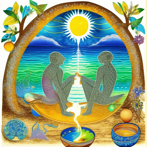 ayahuasca seashore acacia nilotica psychic spirit people drinking from bowls translucent paint splas.png