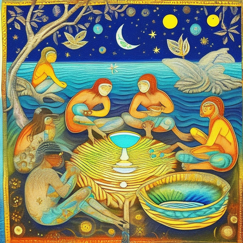 ayahuasca seashore acacia nilotica psychic spirit people drinking from bowls translucent paint splas.png
