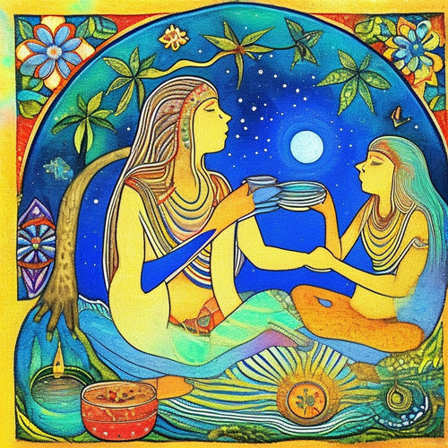 ayahuasca seashore acacia nilotica psychic spirit people drinking from bowls translucent paint splas.png