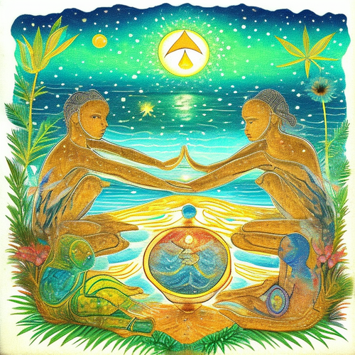 ayahuasca seashore acacia nilotica psychic spirit people drinking from bowls translucent paint splas.png