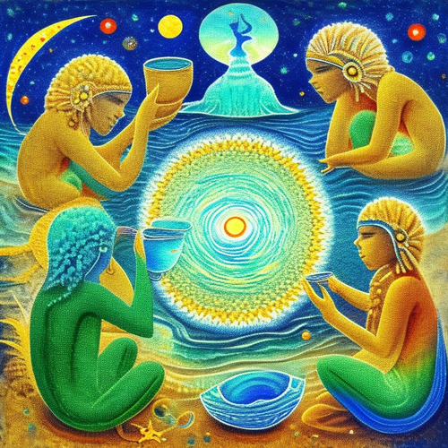 ayahuasca seashore acacia nilotica psychic spirit people drinking from bowls translucent paint splas.png