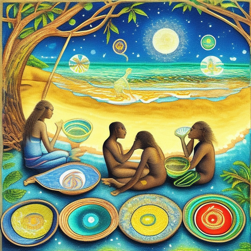 ayahuasca seashore acacia nilotica psychic spirit people drinking from bowls translucent paint splas.png