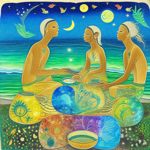 ayahuasca seashore acacia nilotica psychic spirit people drinking from bowls translucent paint splas.png