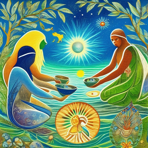 ayahuasca seashore acacia nilotica psychic spirit people drinking from bowls translucent paint splas.png