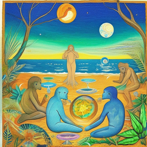 ayahuasca seashore acacia nilotica psychic spirit people drinking from bowls translucent paint splas.png