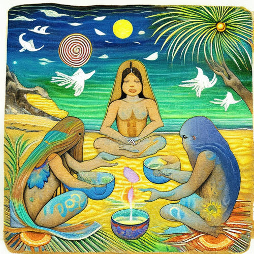 ayahuasca seashore acacia nilotica psychic spirit people drinking from bowls translucent paint splas.png