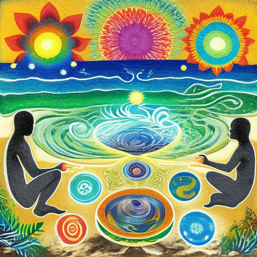 ayahuasca seashore acacia nilotica psychic spirit people drinking from bowls translucent paint splas.png