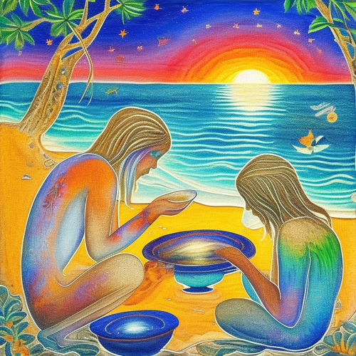 ayahuasca seashore acacia nilotica psychic spirit people drinking from bowls translucent paint splas.png