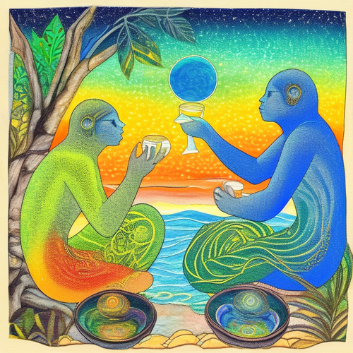 ayahuasca seashore acacia nilotica psychic spirit people drinking from bowls translucent paint splas.png