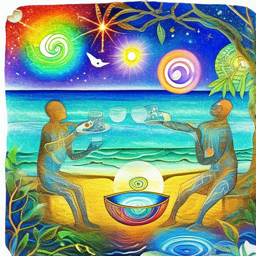 ayahuasca seashore acacia nilotica psychic spirit people drinking from bowls translucent paint splas.png