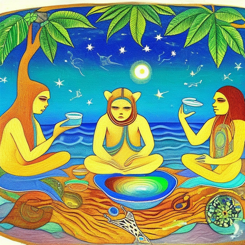 ayahuasca seashore acacia nilotica psychic spirit people drinking from bowls translucent paint splas.png