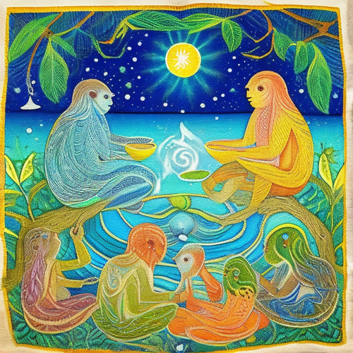 ayahuasca seashore acacia nilotica psychic spirit people drinking from bowls translucent paint splas.png