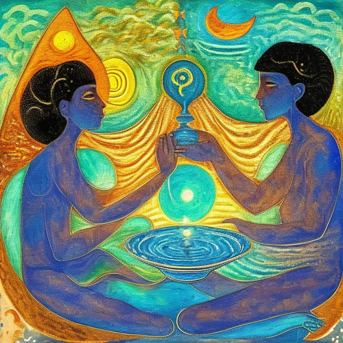 psychic spirit people drinking from bowls acacia nilotica innerspace detailed sketch musical notatio.png