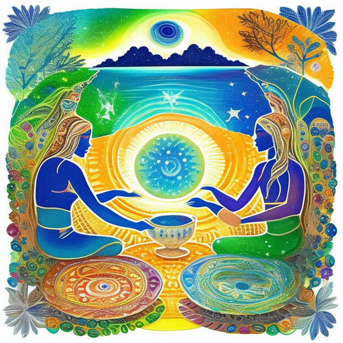 ayahuasca seashore acacia nilotica psychic spirit people drinking from bowls translucent paint splas.png