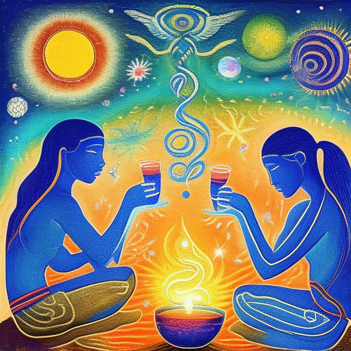 psychic spirit people drinking from bowls acacia nilotica innerspace detailed sketch musical notatio.png