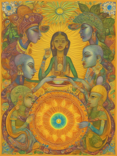 psychic spirit people drinking from bowls acacia nilotica innerspace detailed sketch musical notatio.png