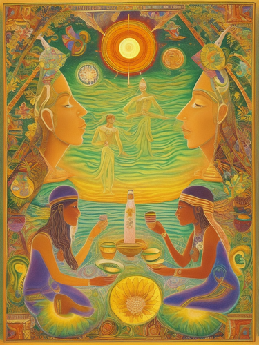 psychic spirit people drinking from bowls acacia nilotica innerspace detailed sketch musical notatio.png