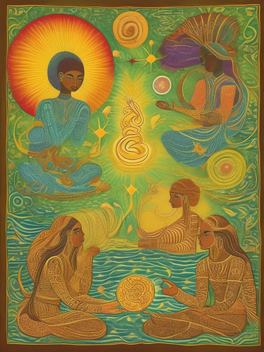 psychic spirit people drinking from bowls acacia nilotica innerspace detailed sketch musical notatio.png