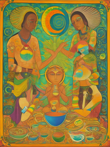 psychic spirit people drinking from bowls acacia nilotica innerspace detailed sketch musical notatio.png