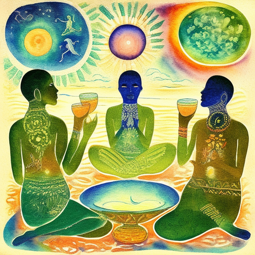 psychic spirit people drinking from bowls acacia nilotica innerspace detailed sketch musical notatio.png