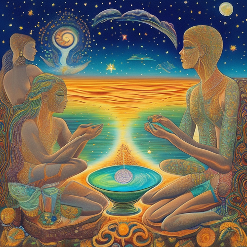 anew anew psychic spirit people drinking from bowls acacia nilotica innerspace detailed sketch music.png