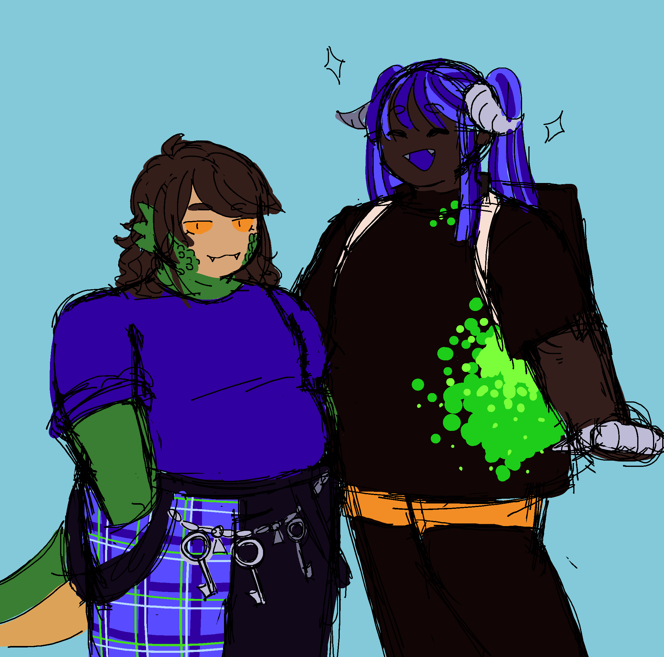 A doodle on a light blue background of Tsoghik and Marinette wearing modified versions of each other's outfits. Tsoghik wears a blue sweatshirt with rolled up sleeps, a pants split with a light blue tartan leg, and a dark blue leg. There's chains attached to the pants loop. Marinette is wearing an oversized shirt with green paint stains, neon orange sorts, and black tights, and a black and white bag.