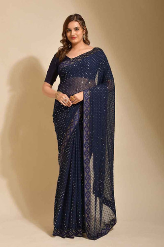 HEAVY THREAD EMBROIDERY SEQUINCE WORK GEORGETTE SAREE WITH BLOUSE In Navy Blue Colour SR01352346 A.jpg