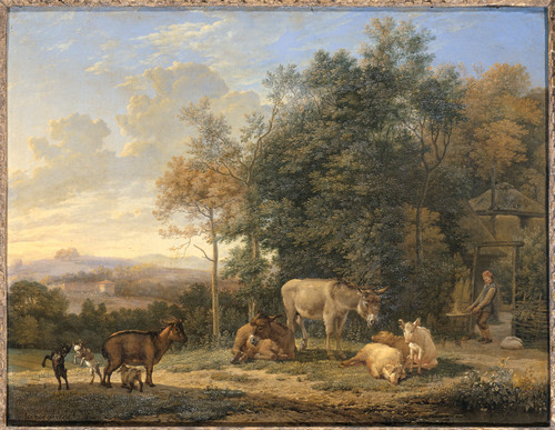 Dujardin, Karel Пейзаж с двумя ослами, козами и свиньями, 1655, 35,5 cm х 46 cm, Холст, масло