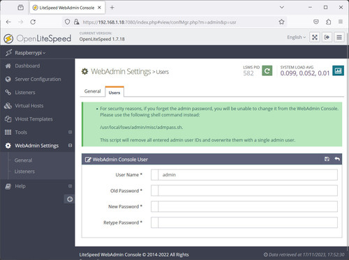 openlitespeed raspberry pi console user password.jpg