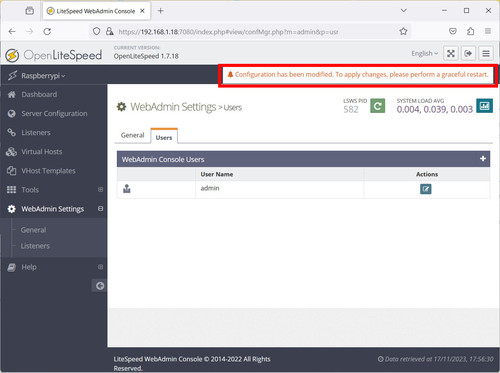 openlitespeed raspberry pi console user password restart.jpg