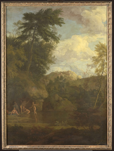 Glauber, Johannes Аркадский пейзаж с купанием Дианы, 1726, 124 cm х 90 cm, Холст, масло