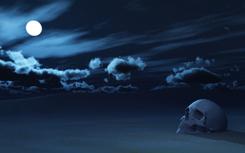 3d skull partially buried sand against night sky.jpg