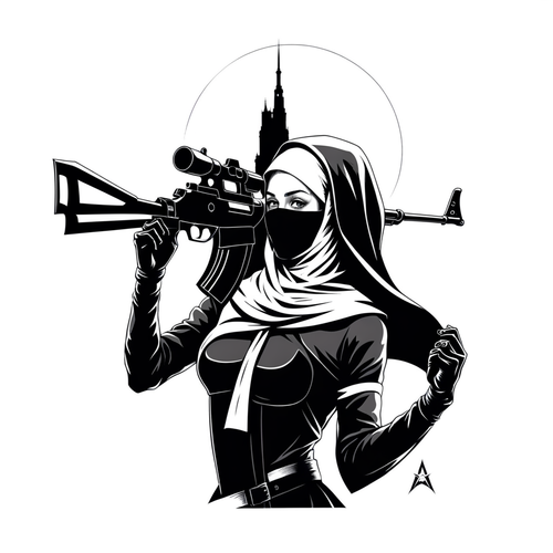 93 nun with ak47 forearm detailed tattoo stencil page tattoo page style black and white isolated wh.png